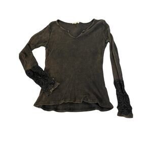 Francesca's Brown Floral Embroidered Long Sleeve Thermal Top Women's Size Small